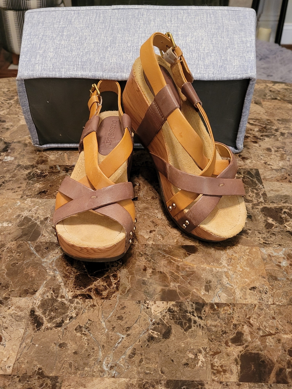 bussola Two-Tone Brown and Tan Leather Wedge Sandals
